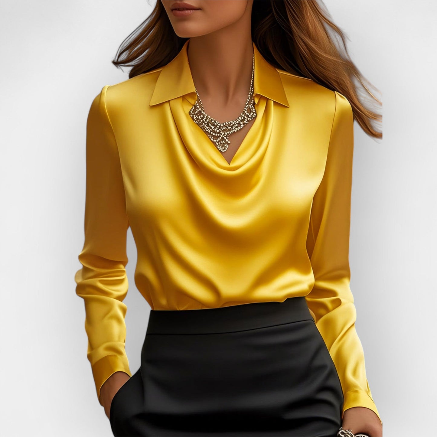 Satinbluse Damen | elegante Bluse mit fließendem Wasserfallkragen