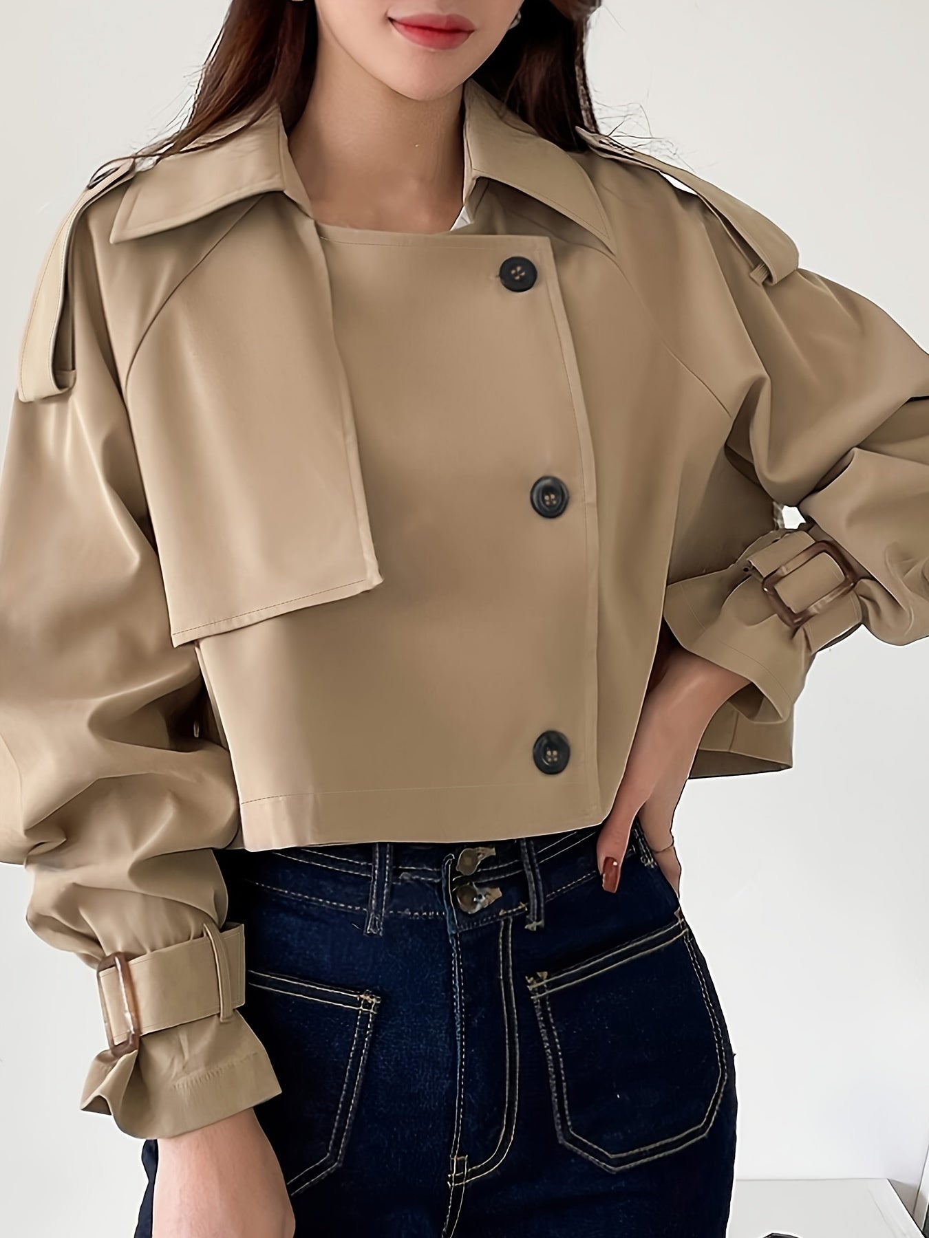 Evelyn - Stylischer khakifarbener Trenchcoat mit Reverskragen und schickem Federverschluss für Frauen