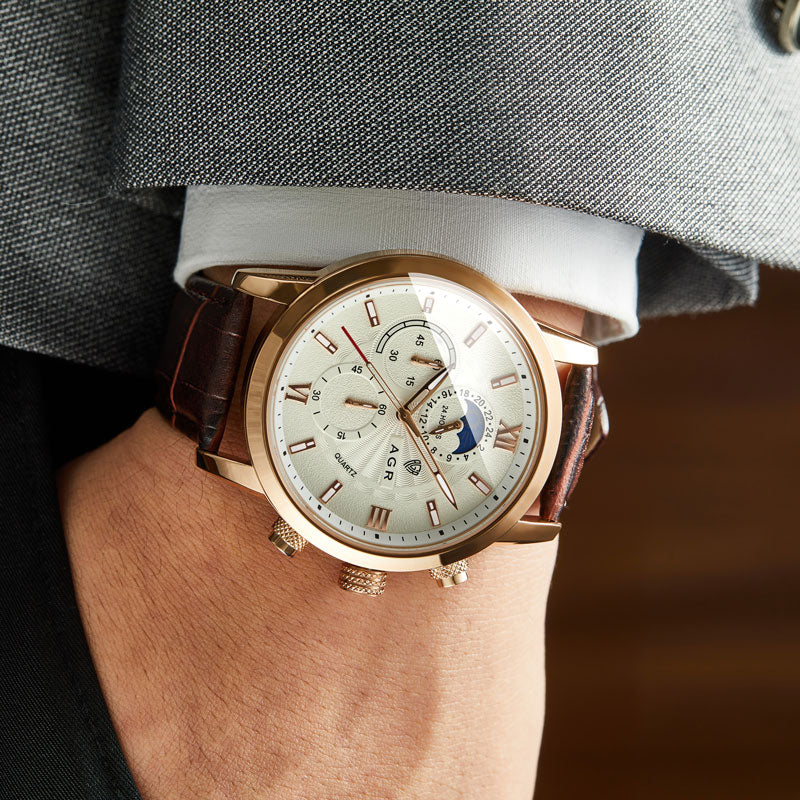 Luxus Quarz Uhr mit Lederarmband