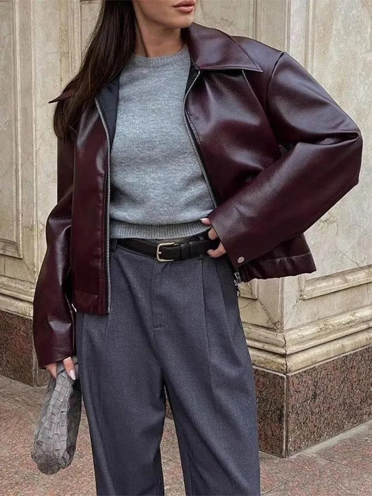 Trendige Bordeaux Lederjacke
