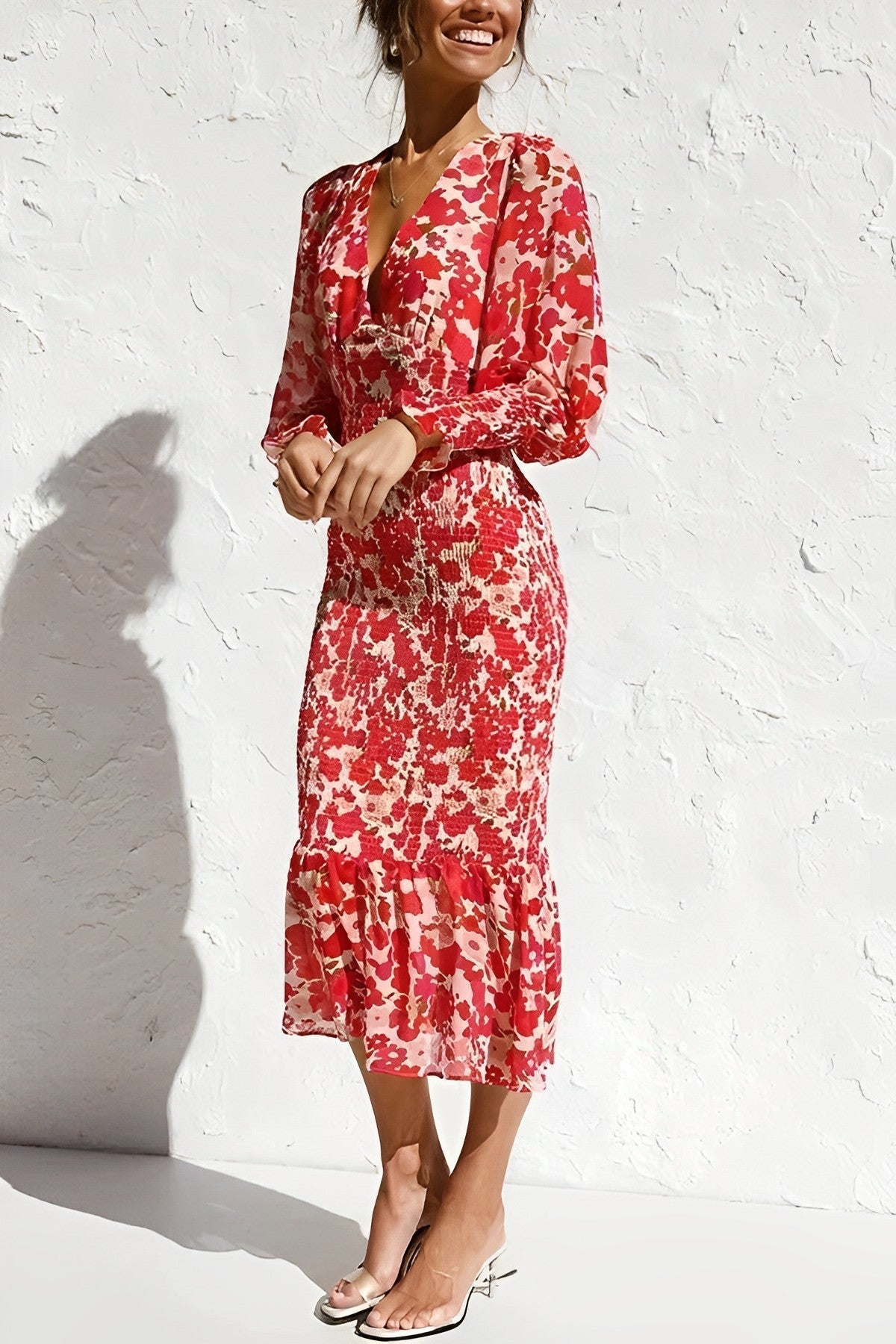 Floraler Bischofsärmel Midikleid