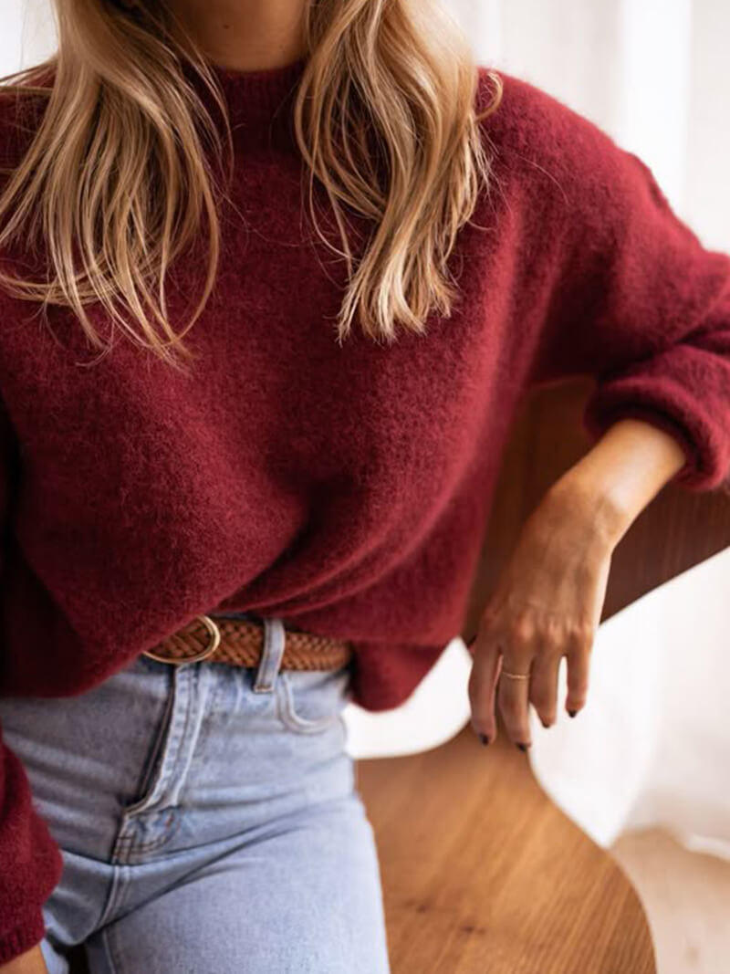 Damen Pullover Bordeaux – Warmer Strickpullover mit Rundhals