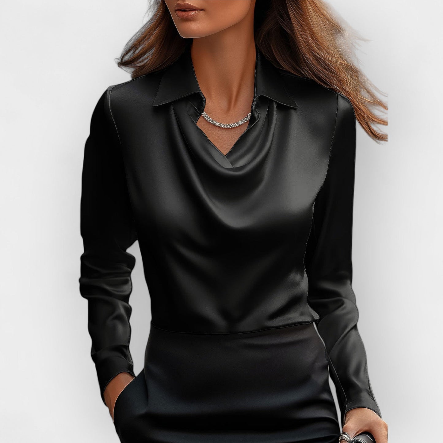 Satinbluse Damen | elegante Bluse mit fließendem Wasserfallkragen