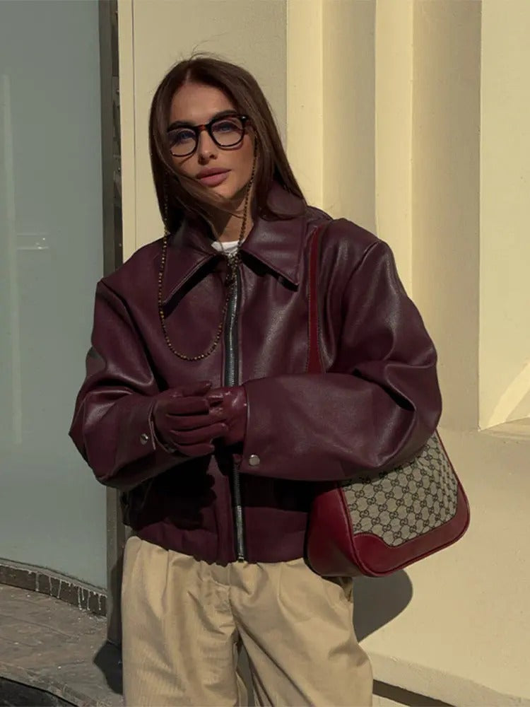 Trendige Bordeaux Lederjacke